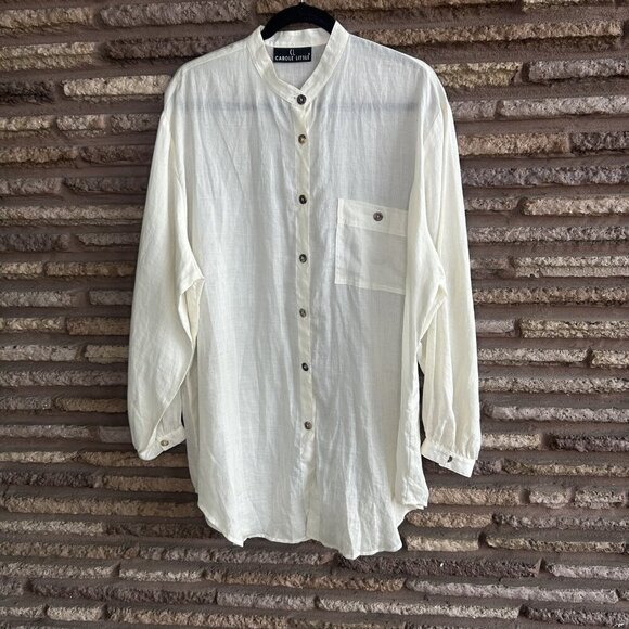 Carole Little Vintage Ivory Cream 100% Linen Band Collar Tunic Shirt MOP - Picture 11 of 11